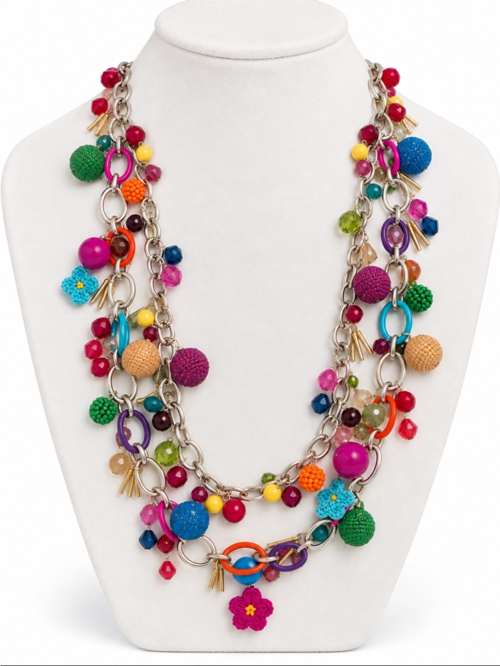 CHICOβS Silver-Tone Multicolor Beaded Charm Multi-Strand Statement Necklace
